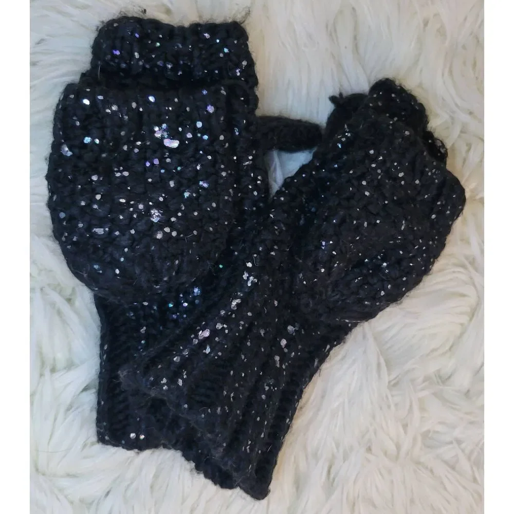Old Navy Black Glitter Button Back Open Finger Mittens Acrylic Knit Child S-M Yo